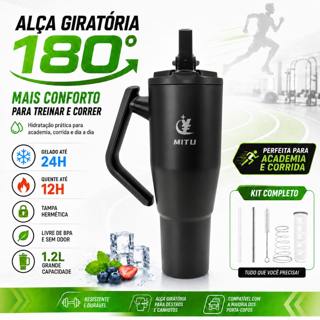 Copo Térmico Inox 1200ml com Alça Ergonômica e Canudo para Academia e Esportes