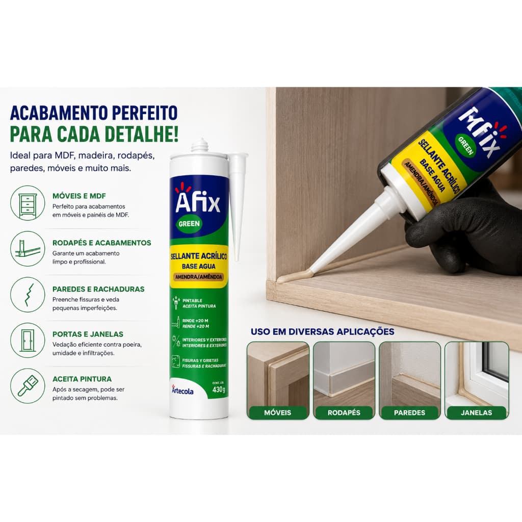 Kit 2 Selante Acrílico Base Água MDF Madeira Rodapé Acabamento Flexível 430g Afix Varias Cores