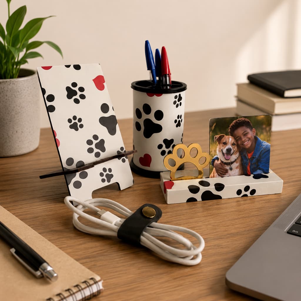 Kit Pet Mesa e Escritório | Suporte Celular + Porta Retrato + Porta Canetas + Organizador de Cabo