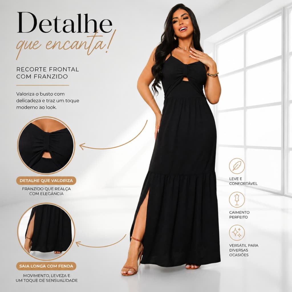 Vestido Longo Feminino Dunas Com Fenda Confortável e Elegante