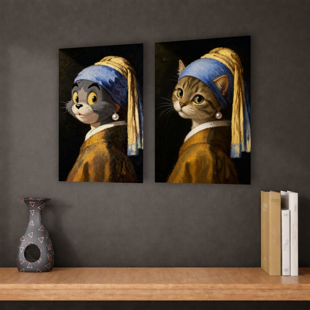 Kit 2 Quadros Decorativos Gatos Lenço Turbante Fofos Sala Quarto Minimalista