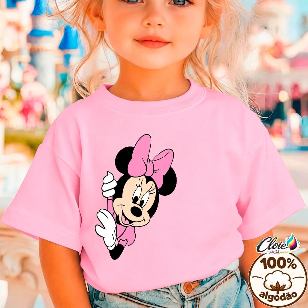 Camiseta Infantil 100% Algodão Personagem Feminina Vibrante Laço Caimento look Resistente Uso Diário Macio Blusa Estampa