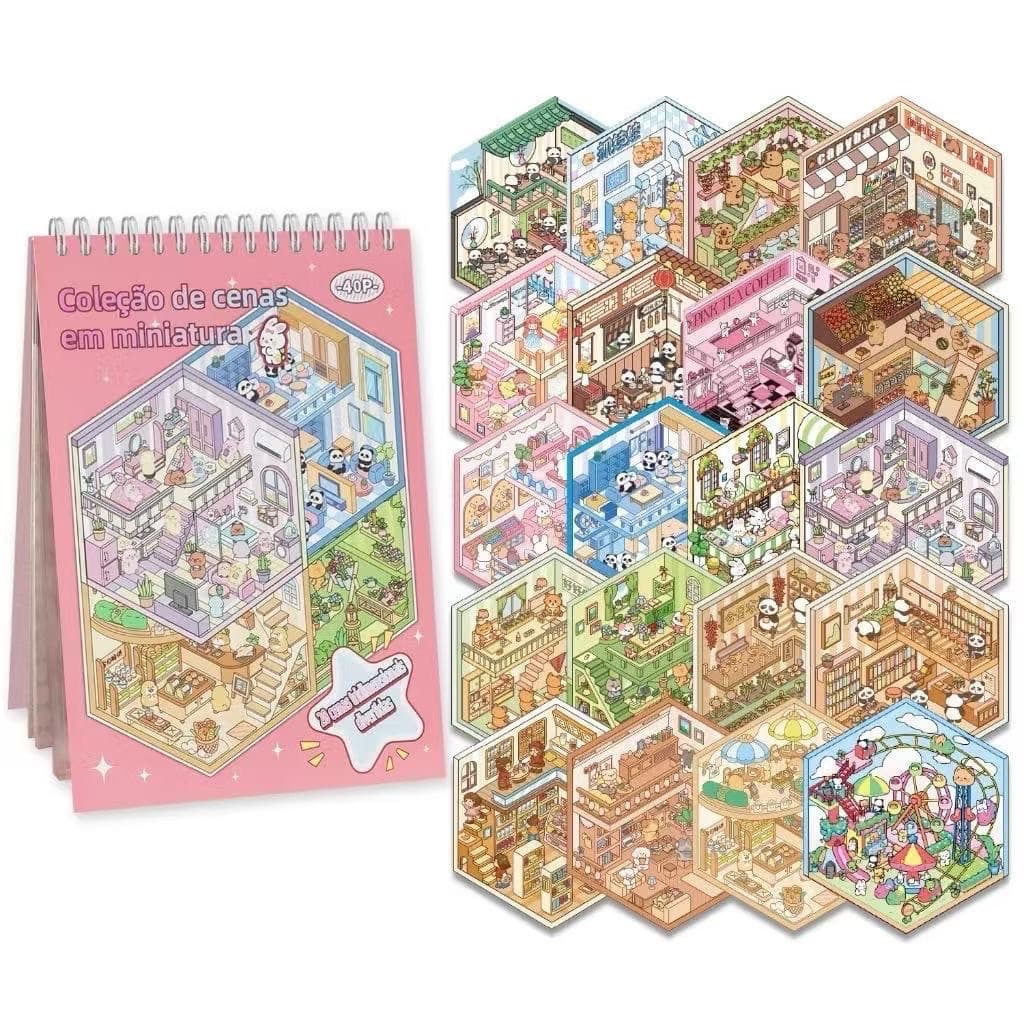 Livro de Adesivos 3D Infantil com 8 Cenários + Pinça | Caderno de Decoração Criativa para Criar Mini Mundos
