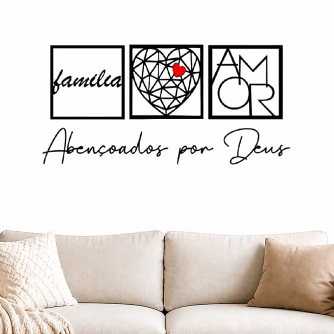 Kit 3 Quadros Cabeceira Familia Coração Geométrico Amor Frase de Parede Abençoados por Deus