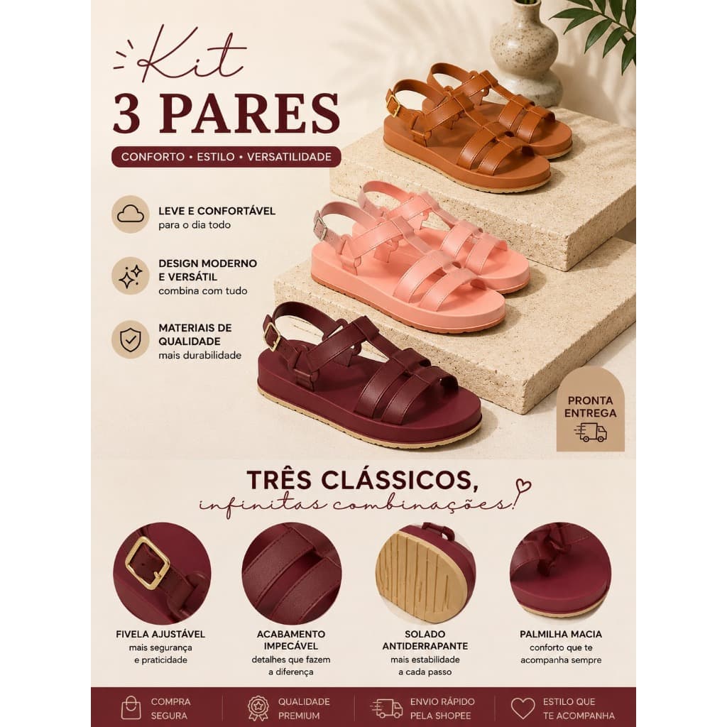 Kit 3 Pares Sandália Papete Feminina Plataforma Sandália Leve Moderna Super Confortável e Estilosa com um Super Desconto