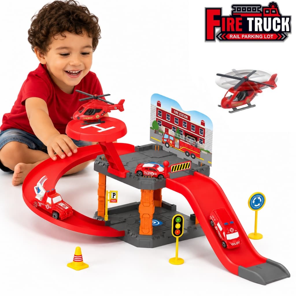 Pista Bombeiro Infantil Garagem Estacionamento com Helicóptero e Carrinhos