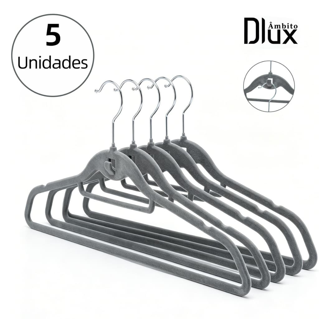 Kit 5 Cabides de Veludo Slim Antideslizante com Gancho Adulto