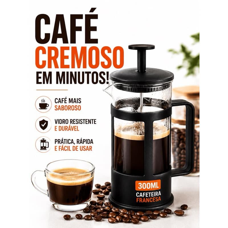 CAFETEIRA FRANCESA 300ml 600ml ou KIT 3 ou 6 COPOS DE VIDRO 350ml Vidro Resistente Manual Premium Preta