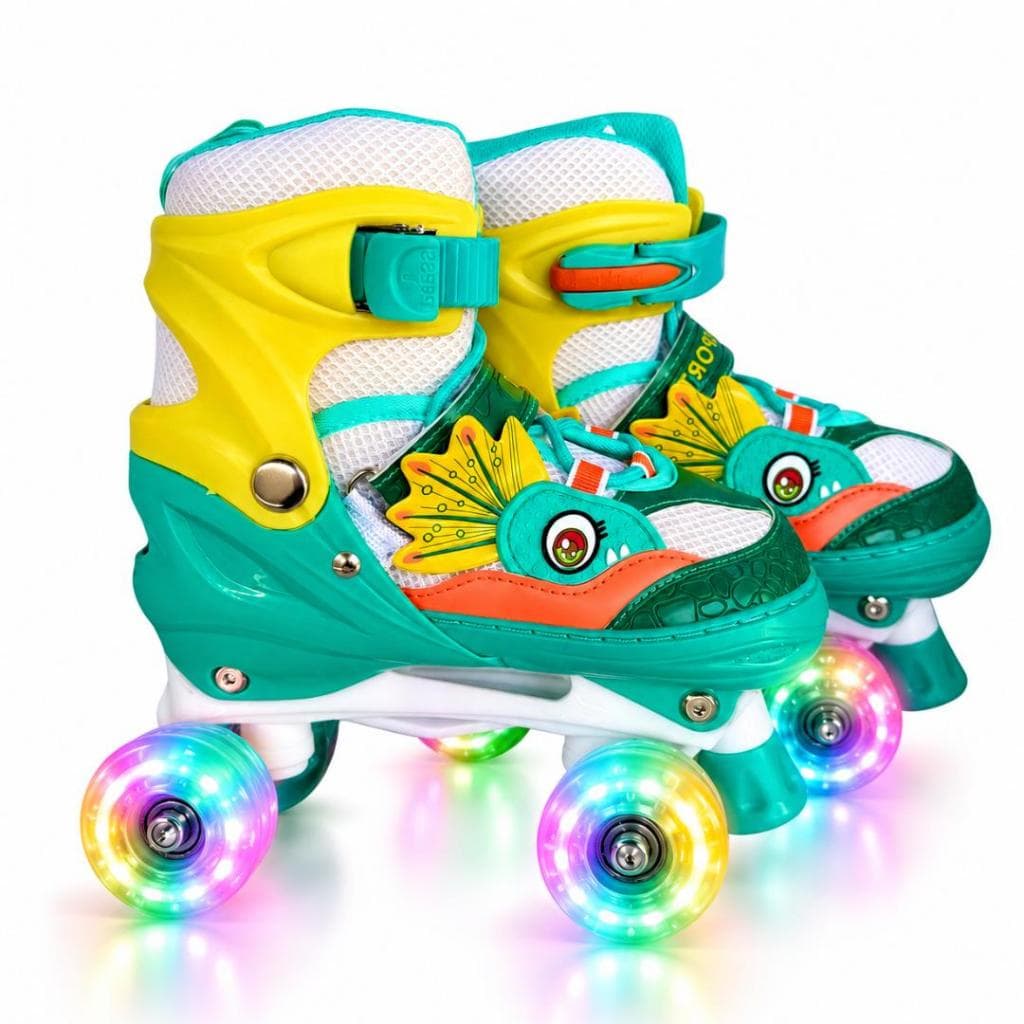 Patins Dinossauro Quad 4 Rodas Infantil Tamanha Regulável Com Rodinhas de LED + Bolsa
