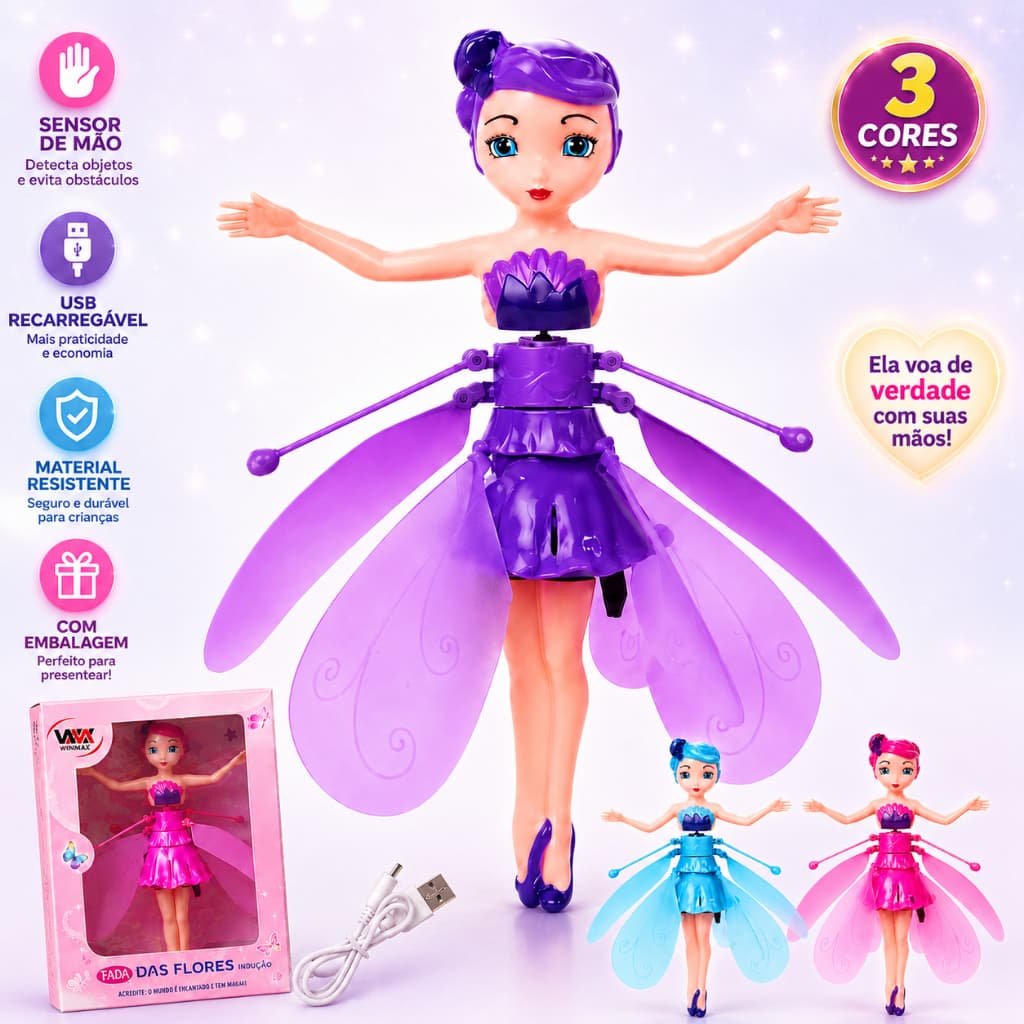 Boneca Fada Voadora Brinquedo Infantil - Sensor de Movimento Fadinha Mágica Encantada Recarregável