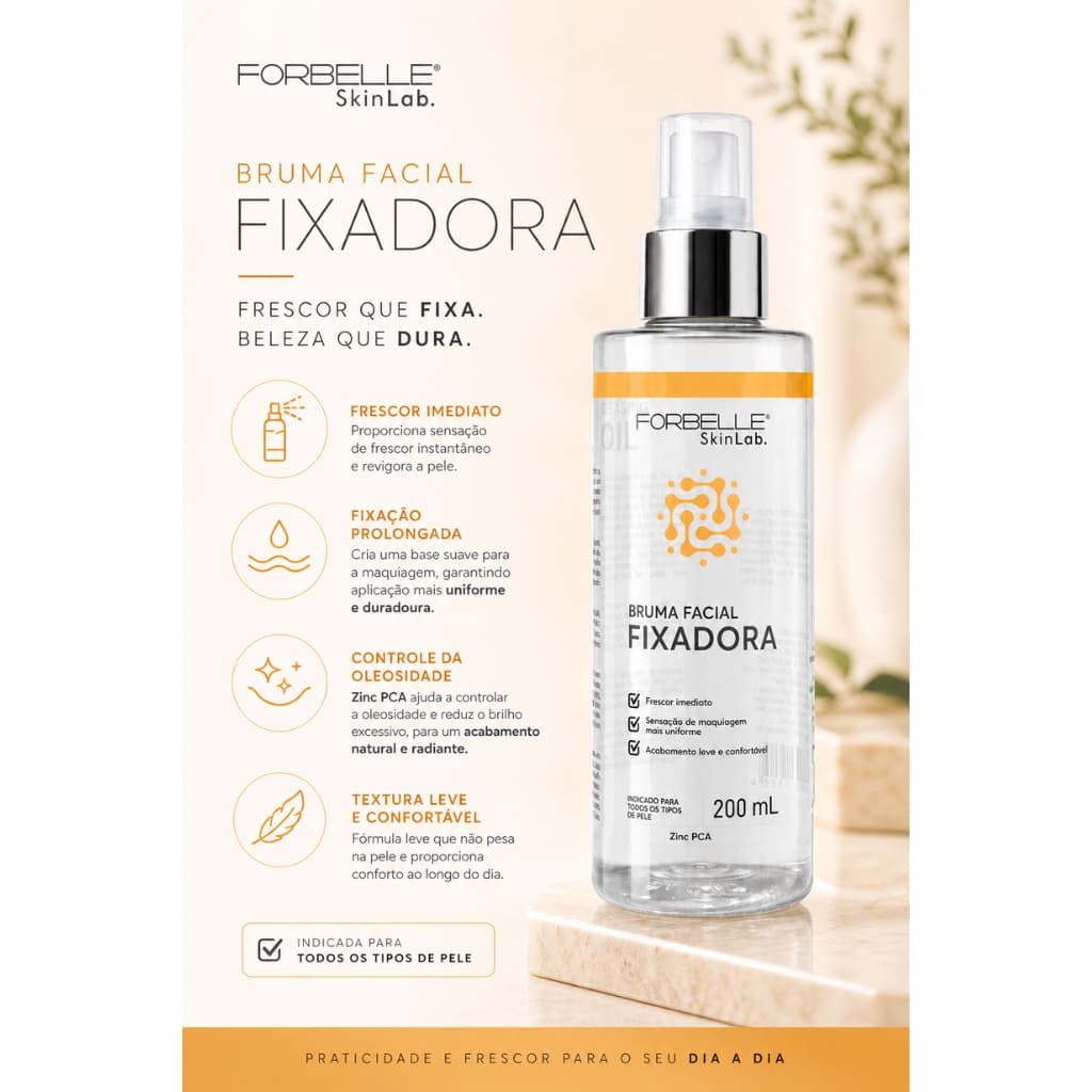 Bruma Facial Fixadora Forbelle SkinLab 200ml com Zinc PCA - Spray Fixador de Maquiagem