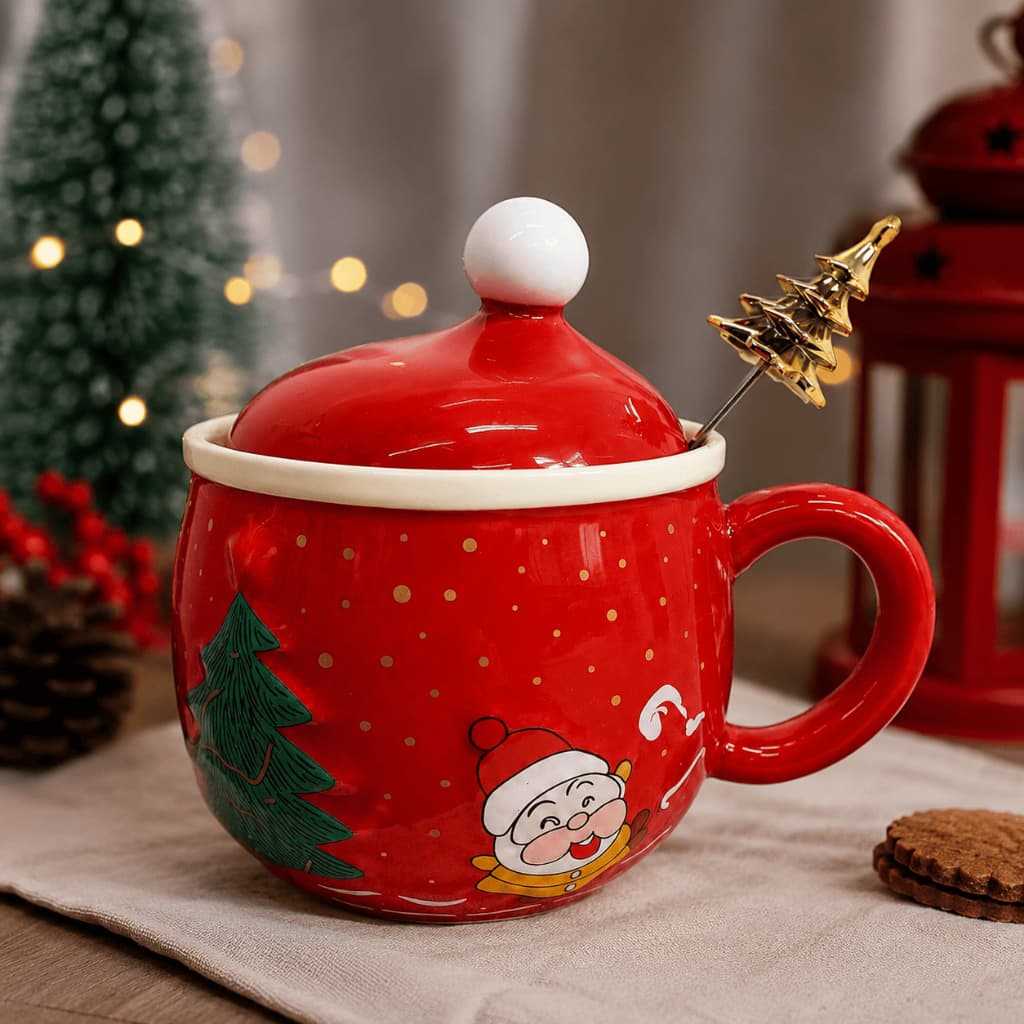 Caneca Natal C/ Tampa e Colher Papai Noel Cerâmica 300ml