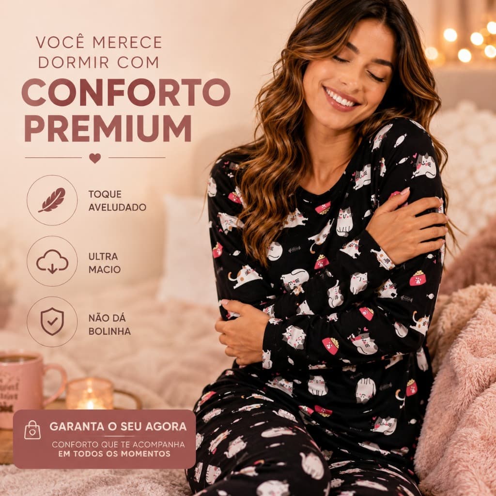 Pijama Feminino Inverno Suede Premium Não Dá Bolinha Manga Longa