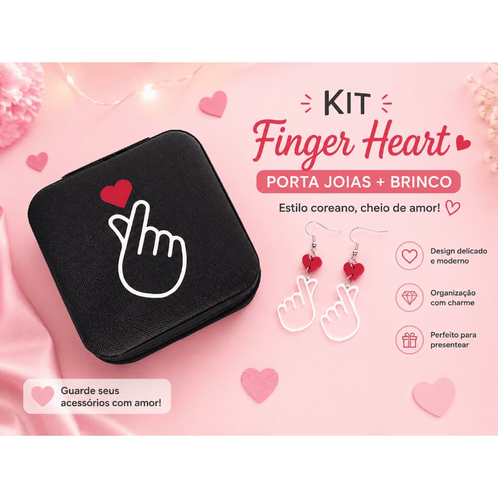Kit Porta Jóias Finger Heart Coração Coreano + Brinco Kpop Kawaii