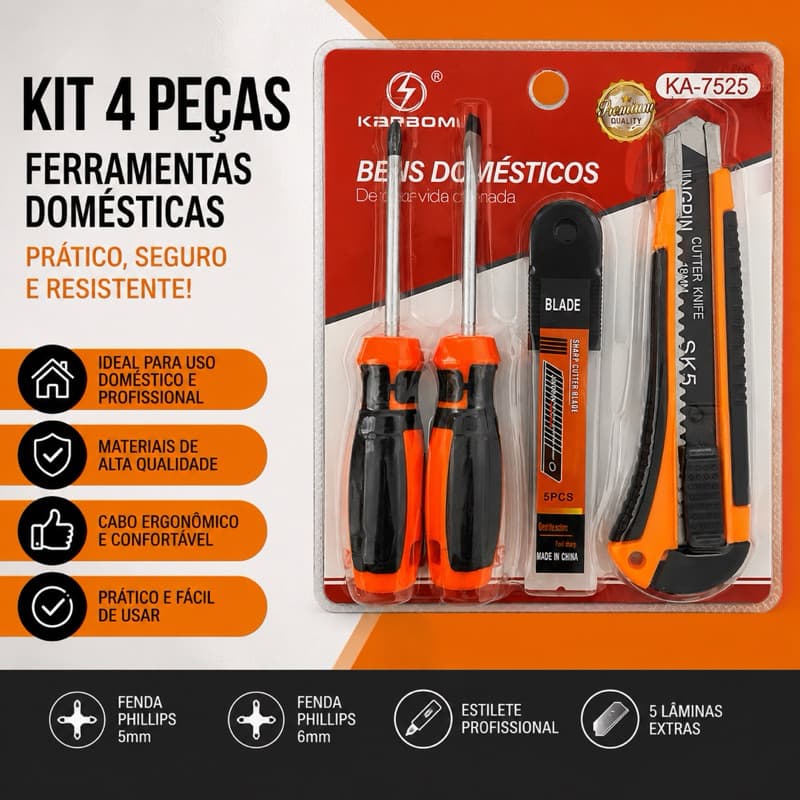 Kit Ferramentas Domésticas 4 Peças com Estilete e Chaves Phillips Kabom