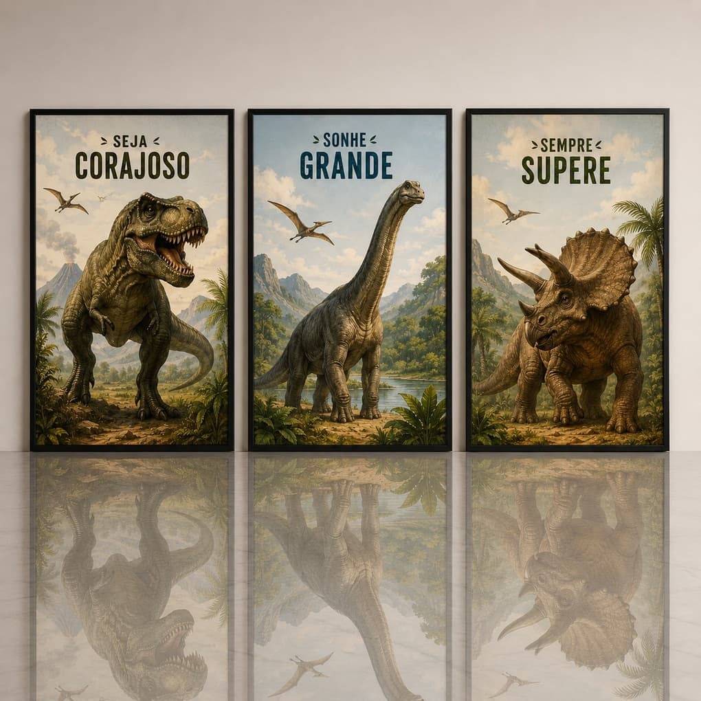 Quadro Decorativo Dinossauros 3 Peças Infantil Menino Safari Corajoso Quarto
