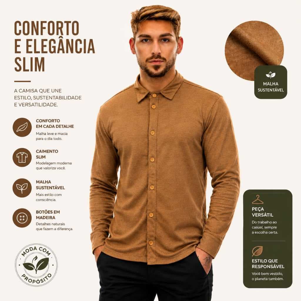 Camisa Manga Longa Masculina Modelagem Slim Homem Moderno Moda Sustentável