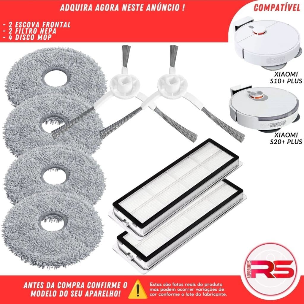 Kit Acessorios 2 Escovas 2 Filtro 4 Disco Mop Robo Aspirador Xiaomi S10+ X10+ S20+ X20+ Plus