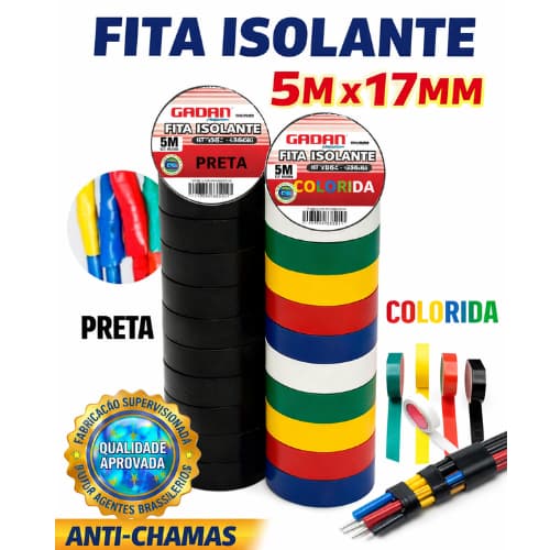 Kit 10 Rolos Fita Isolante Colorida ou Preta Antichama Elétrica PVC  5 Metros – Gadan