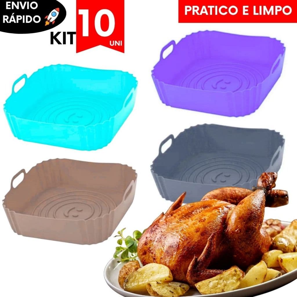 Kit Formas de Silicone Quadrada 21CM Assadeira Frango Air Fryer e Forno Limpeza Fritadeira Elétrica Alça Lateral