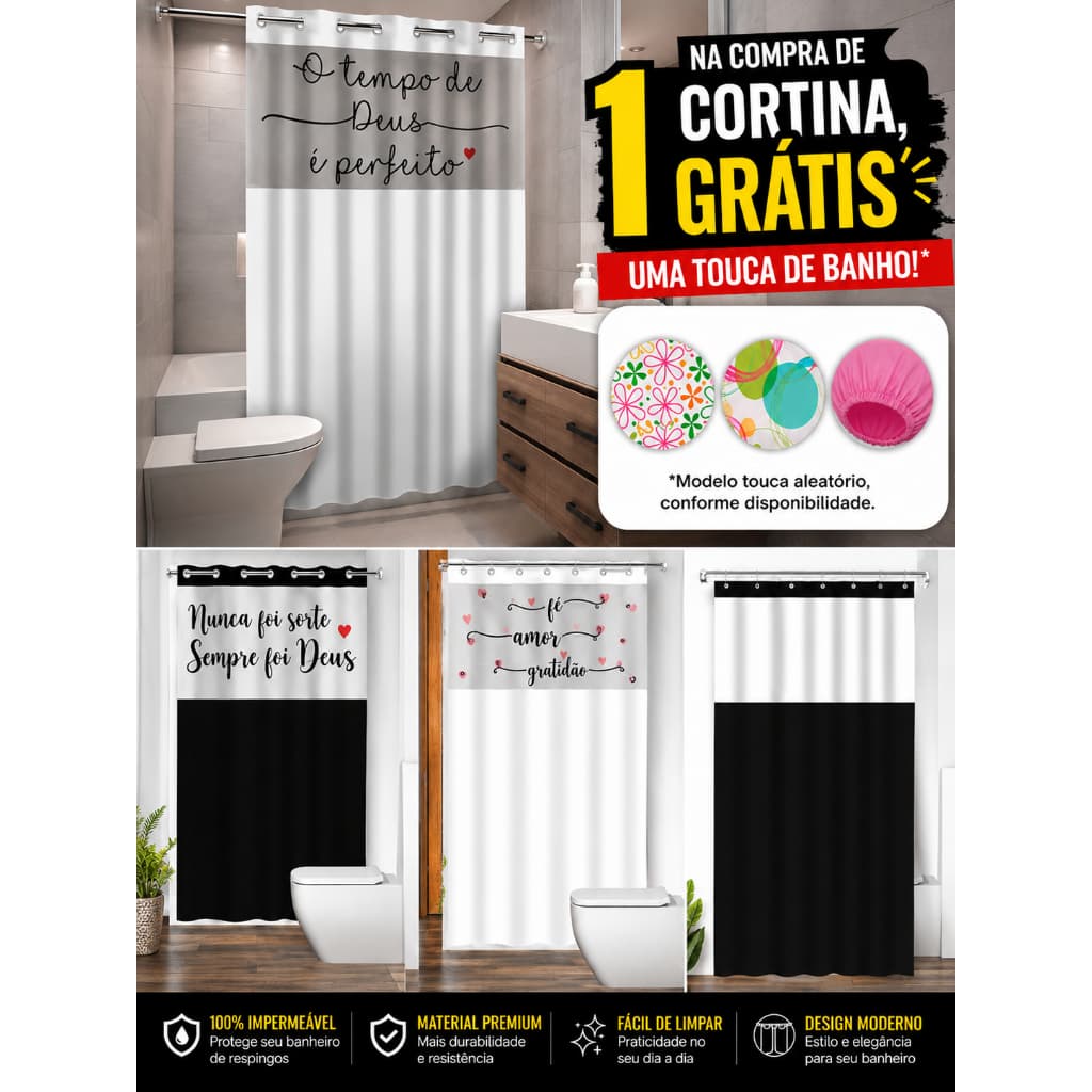 CORTINA BOX PARA BANHEIRO PVC ANTIMOFO COM VISOR DIVERSOS MODELOS - FRASES OU LISO