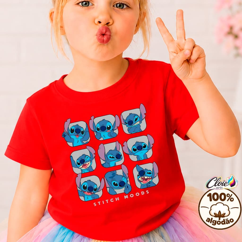 Camiseta Infantil 100% Algodão Stitch múltiplas Coleção Completa Divertido Alta Qualidade Tecido Leve Dia a Dia Unissex