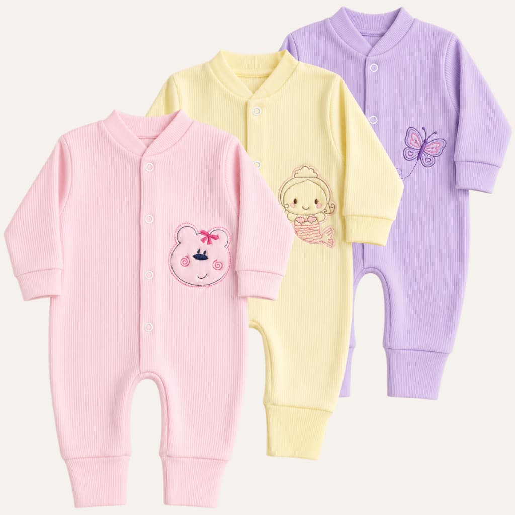 Kit 3 Macacão de Bebe Canelado com bordado Menina (P/M/G) - Baby Greg