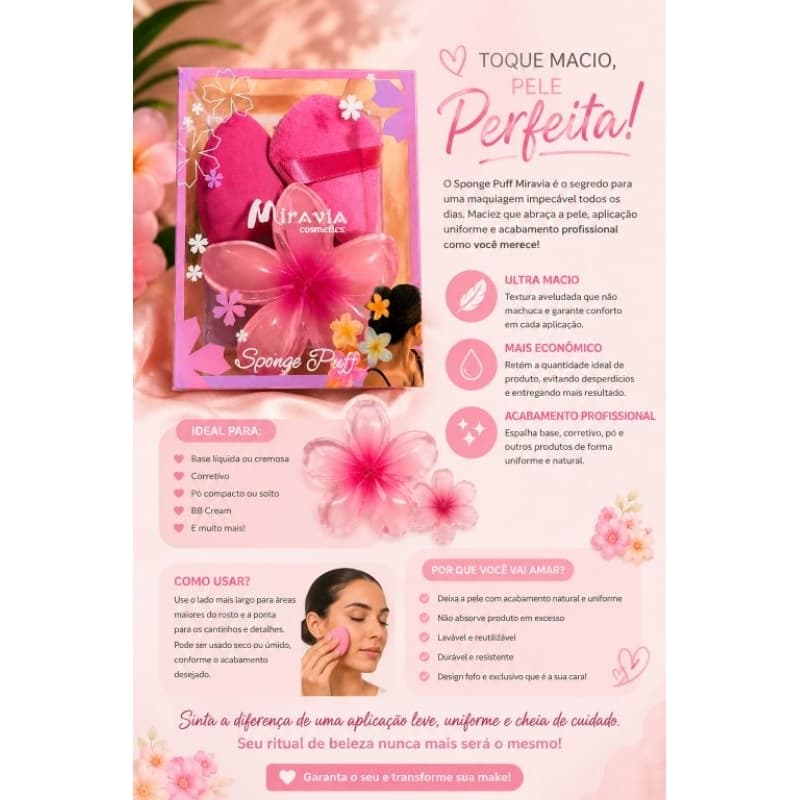 kit maquiagem com esponja puff+ Presilha de flor para cabelo