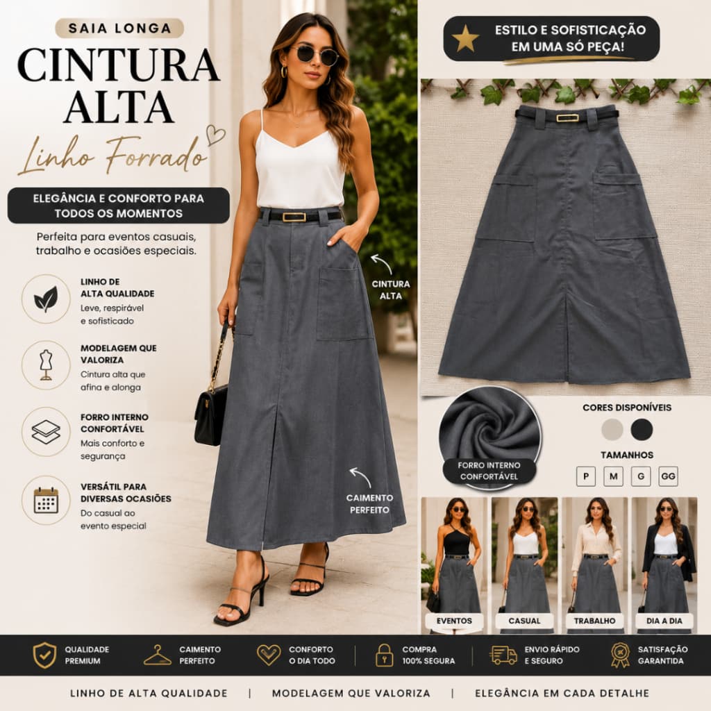 Saia Longa Feminina Casual Cinza Elegante em Linho com Bolsos Cintura Alta Forrada Confortável
