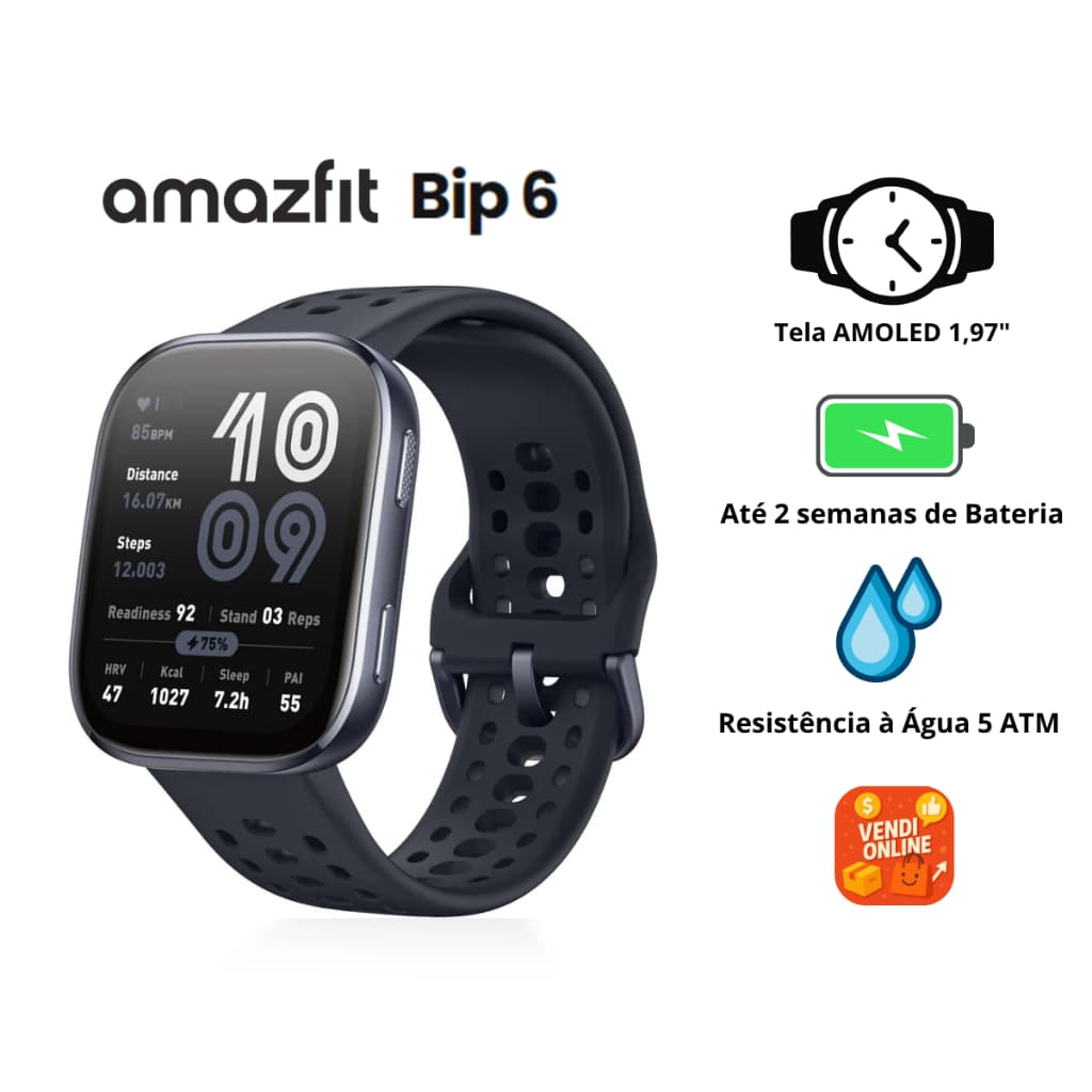 Relógio Smartwatch Amazfit Bip 6 Original – AMOLED 1.97'' - 14 Dias de Bateria - GPS - Resistência a Água