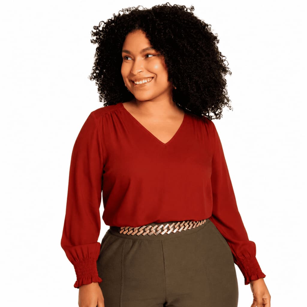Blusa Feminina Lunender Manga Longa 100% Viscose Decote V Elegante Tamanho M