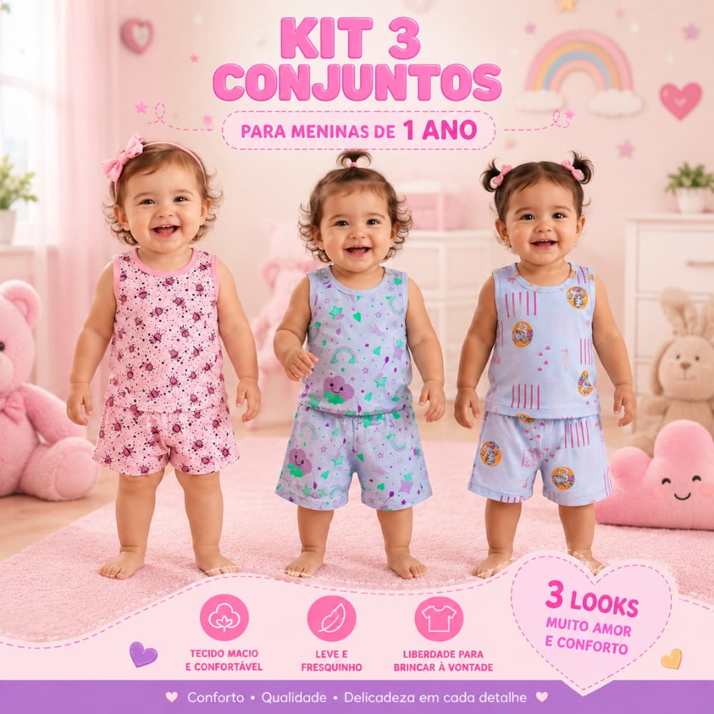 Kit 03 Conjuntos Sortidos Pijama Regata Bebe Feminina Infantil Menina 1 Ano 100% Algodão