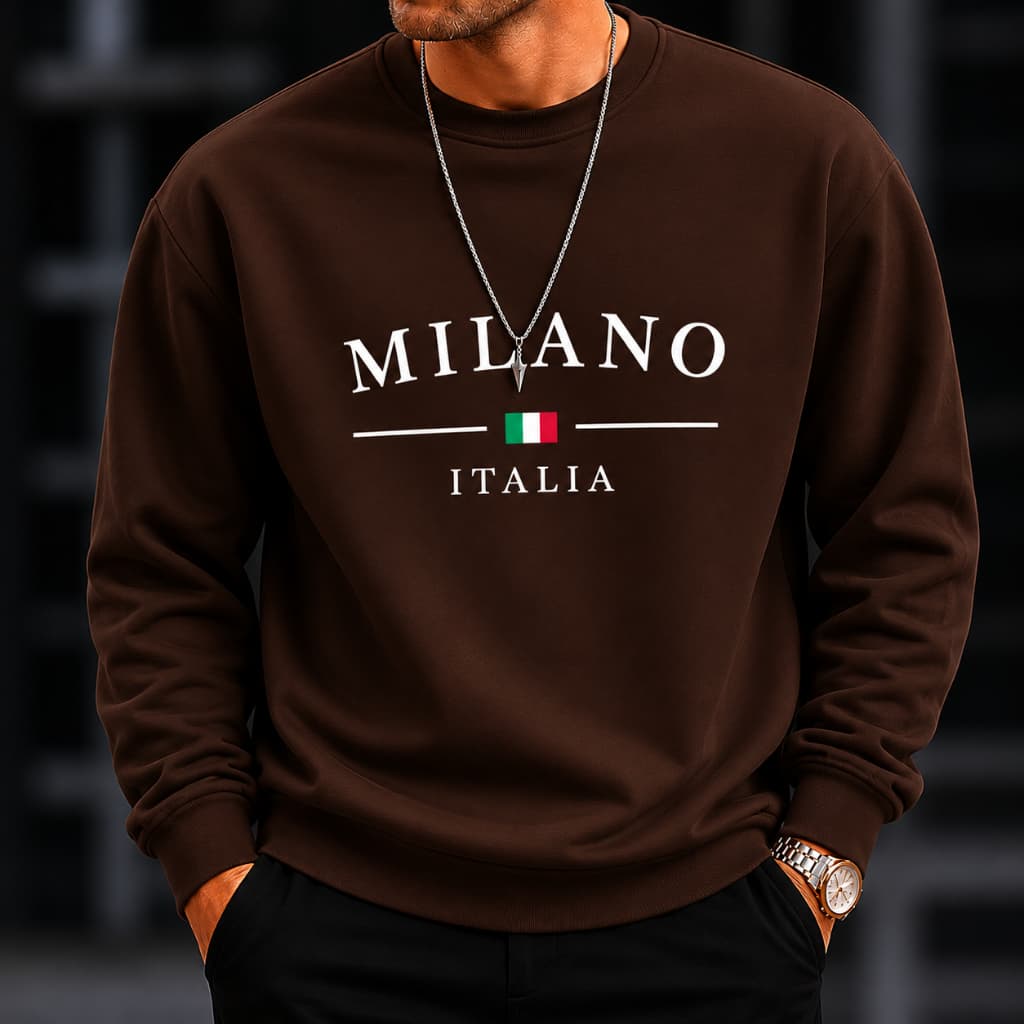Moletom Careca Estampa Milano Italia Modelagem Unissex Punhos com Ribana ajustada Flanela  Blusa de Frio