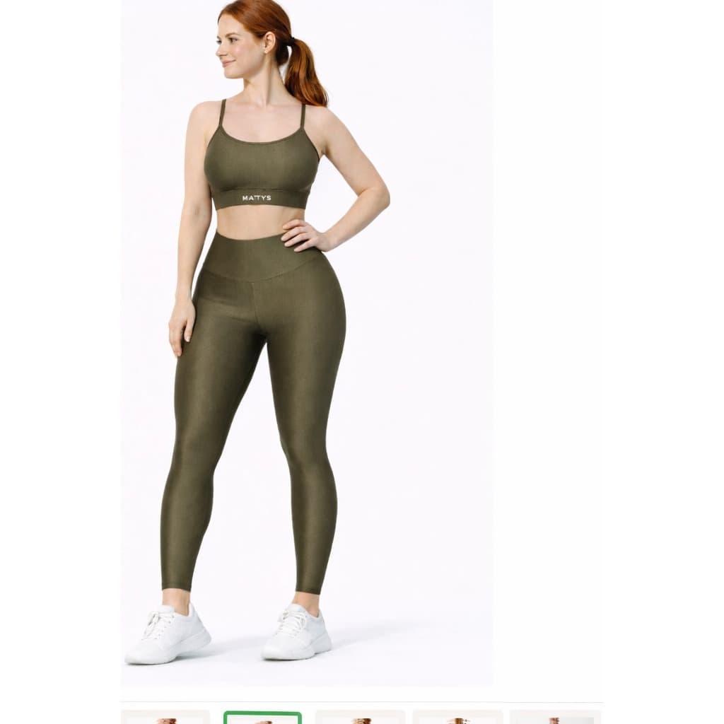 MATYS Conjunto Fitness Marrom Oliva Acetinado Cintura Alta Push Up top y legging Academia Premium Feminino