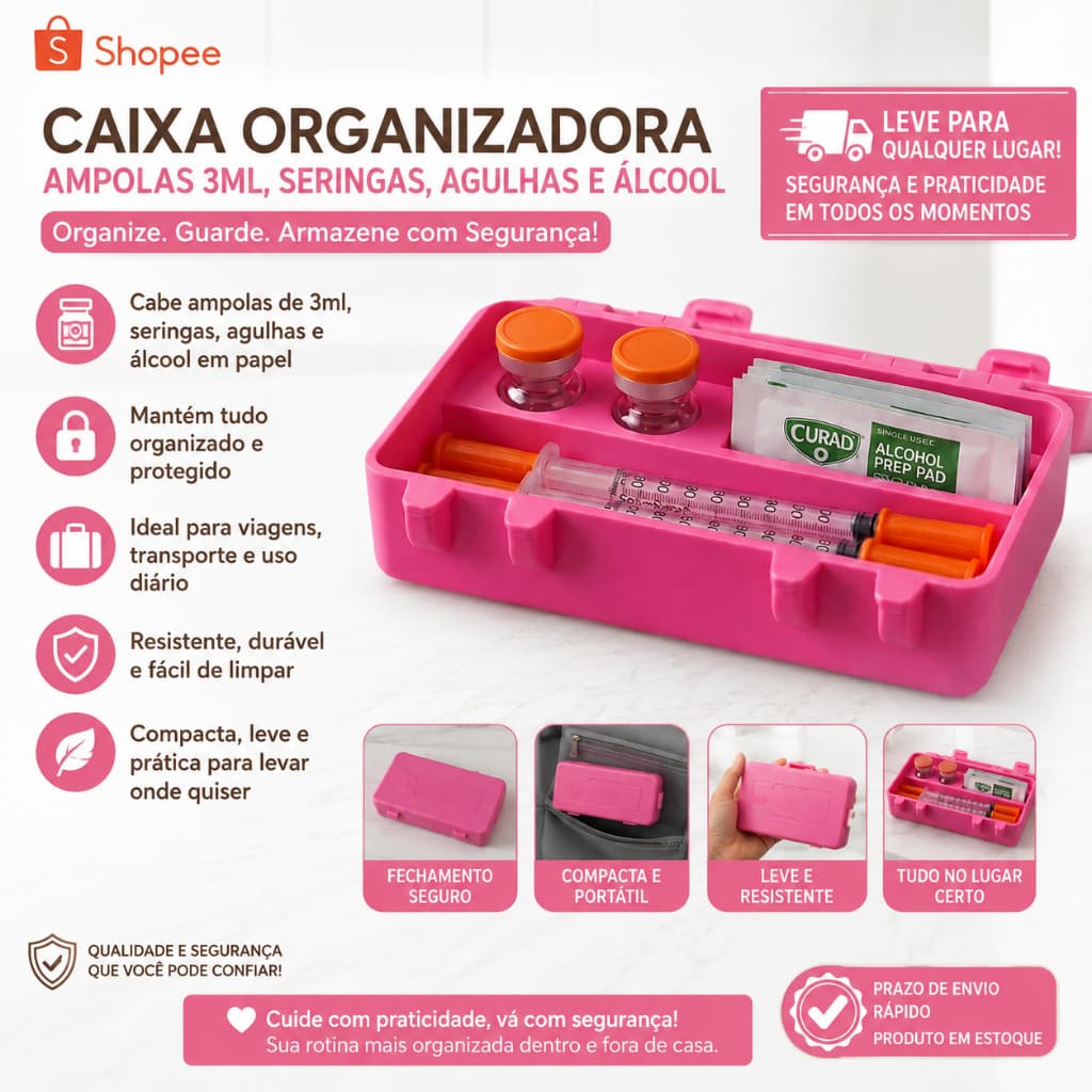 Organizador Case de Ampolas 3ml + porta Seringas com Trava Segura. Resistente Pratico