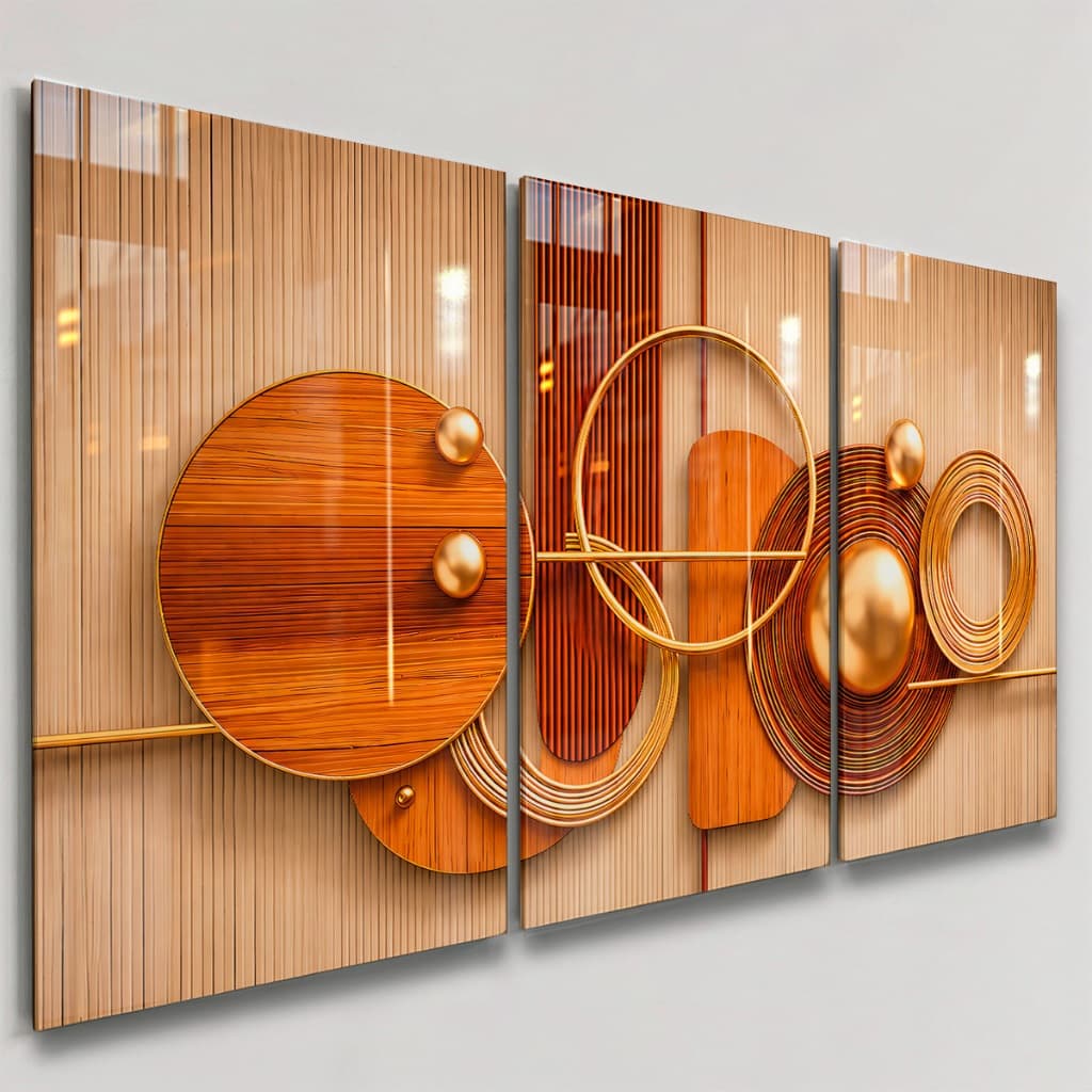 Quadros Decorativos 3 Peças Abstrato Com Formas Amadeiradas Ripado Marrom Casa Sala Quarto Decoração Parede