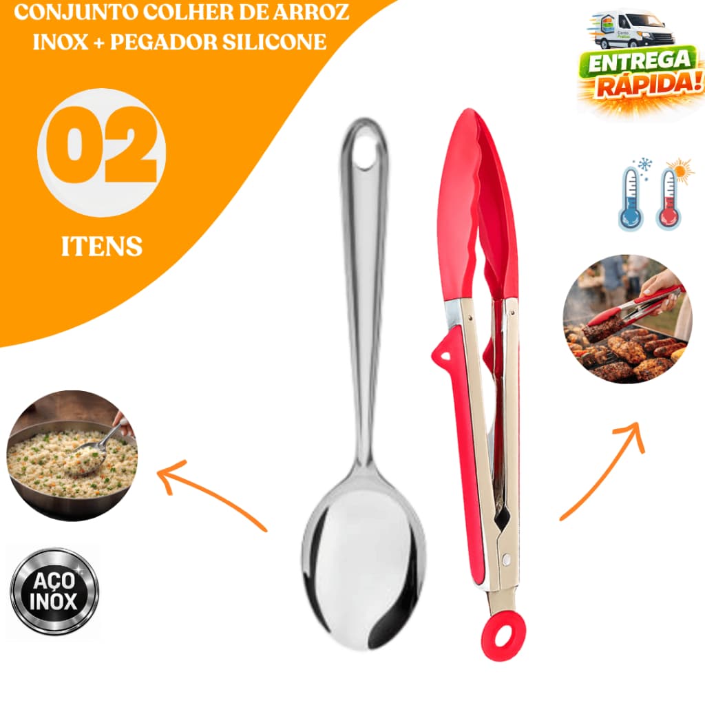 Conjunto Colher de Arroz Inox + Pegador Silicone Com Apoio e Trava Cozinha Churrasco Resistente