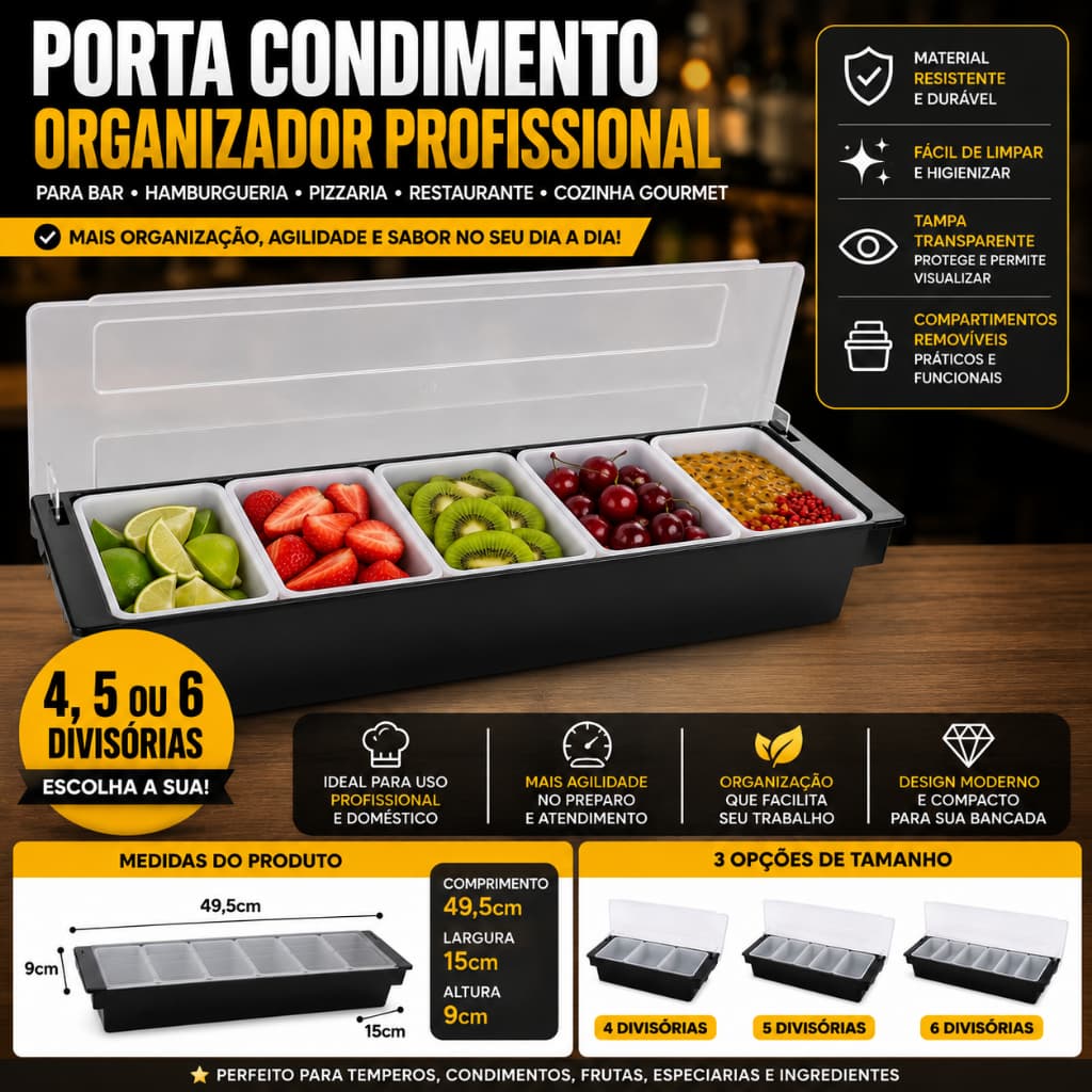 Organizador Porta Temperos Condimentos Frutas Drinks Hamburgueria Pizzaria Restaurante com Tampa