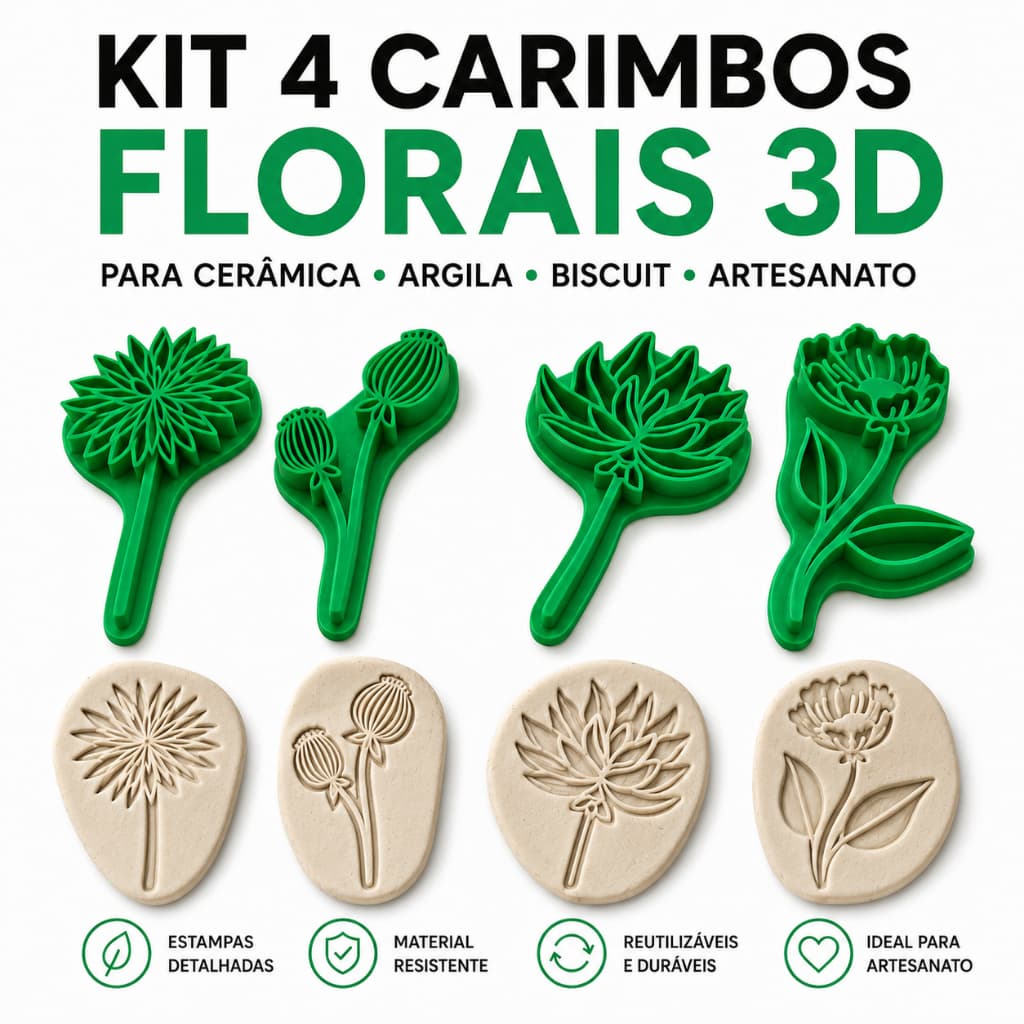 Kit 4 Carimbos Florais 3D para Argila e Biscuit | Textura Cerâmica Artesanato | Moldes Estampa Floral
