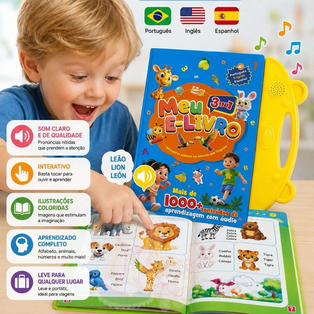 Livro interativo com Som-Aprendizagem trilíngue(Português, Inglês e Espanhol)touch e sound-mulltitemas