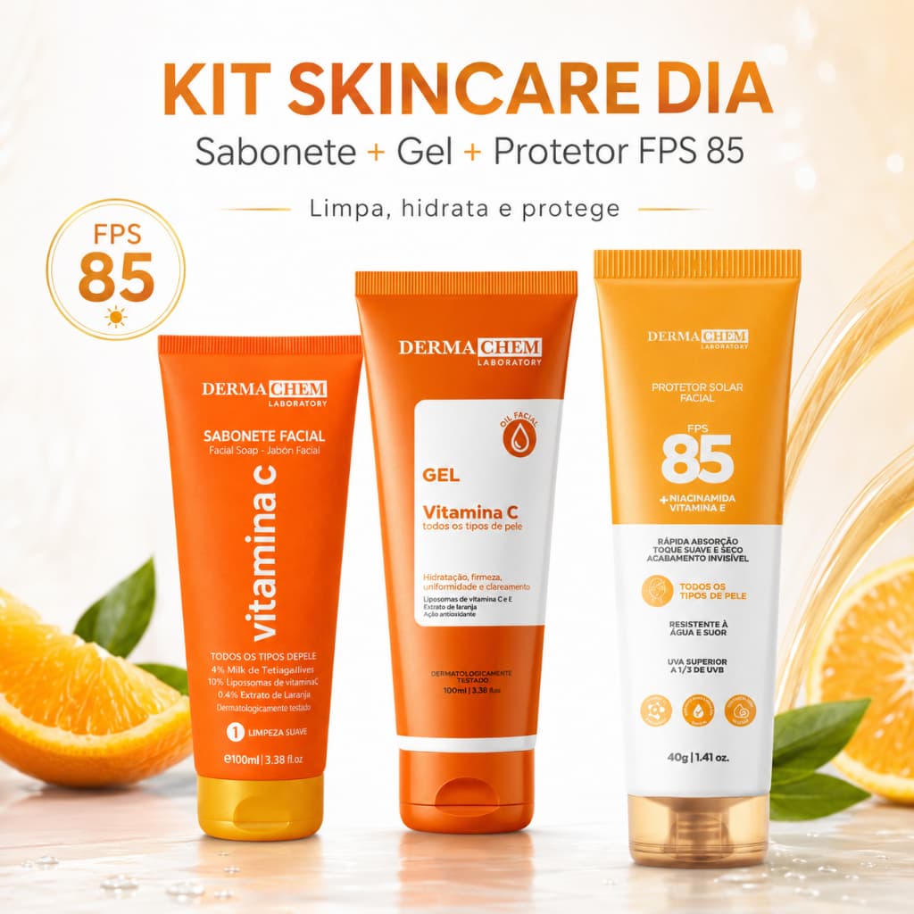 Kit Skincare Dia Vitamina C Dermachem Sabonete 100ml + Gel Facial 100g + Protetor FPS 85