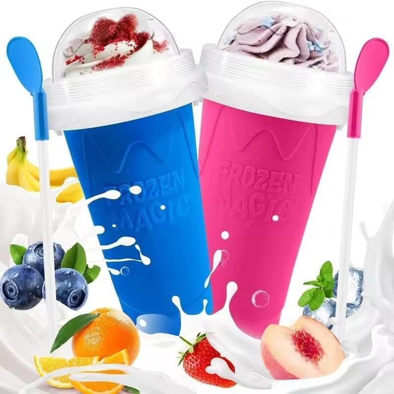 Copo Frozen Magic Kit 2 Unidades 450ml Rosa Azul Para Smoothie e Bebida Gelada Sorvete com Colher Canudo Reutilizável
