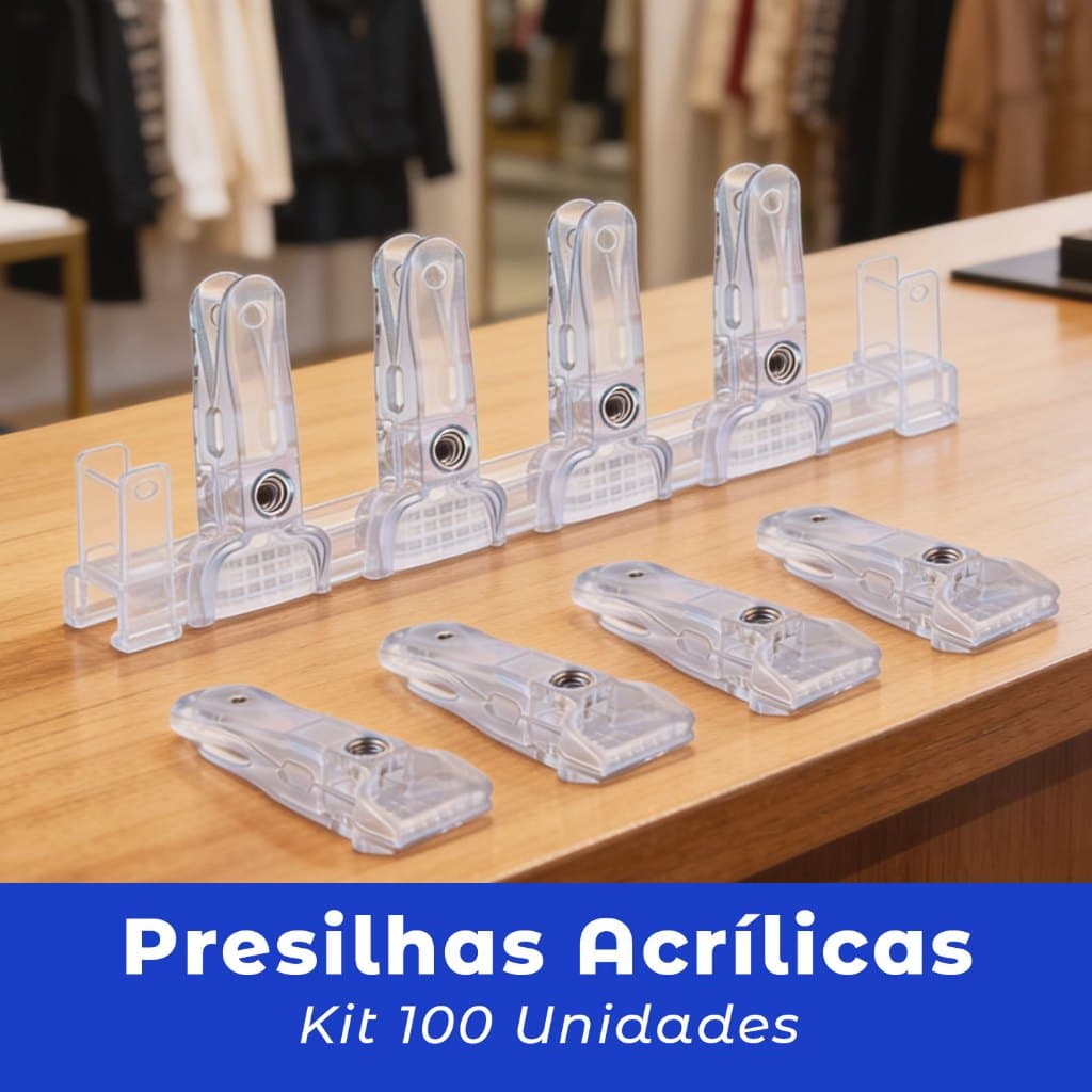 100 Presilhas Acrílico Cristal Transparente p/ Cabides