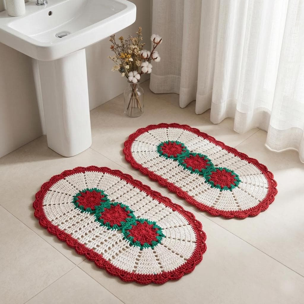 Kit 2 Tapetes Oval De Crochê 70cm x 45cm Bordado Flor Artesanal Colorido
