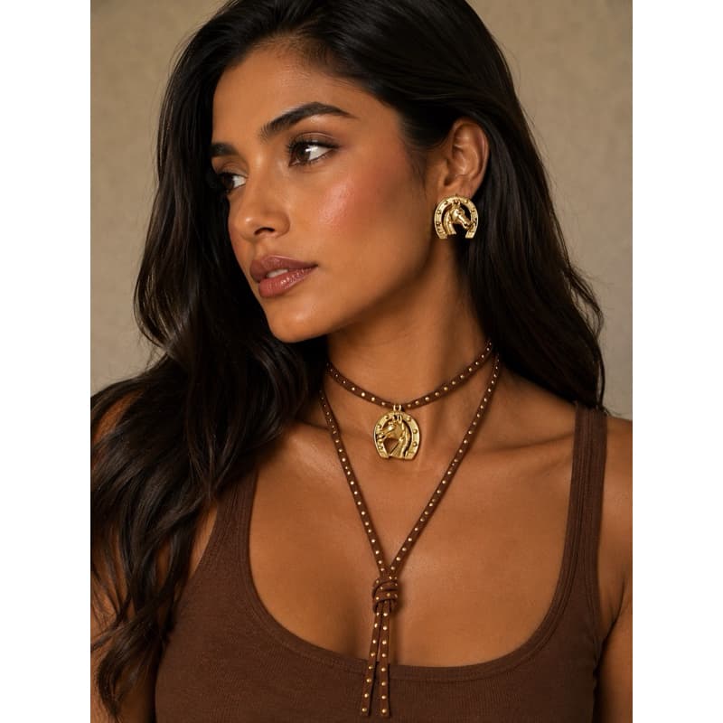 Conjunto colar e Brinco Folheado 2 em 1 Choker Gravatinhas Country Boiadeira