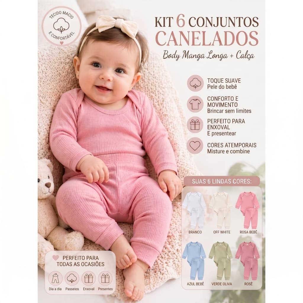 Kit 12 Peças Conjunto Canelado Bebê Infantil Menino Menina Manga Longa Body + Calça Algodão Macio Unissex Enxoval