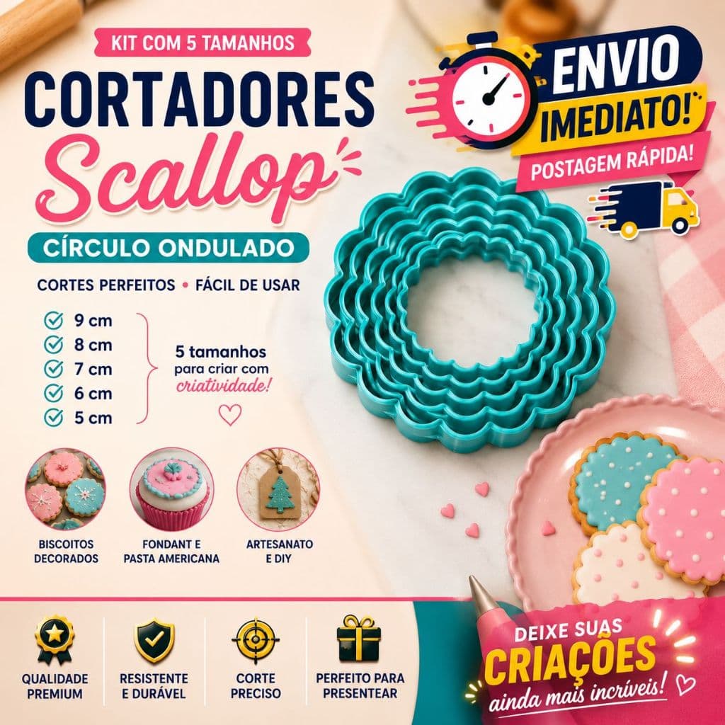 Kit Cortadores Scallop | 5 Tamanhos para Biscoitos