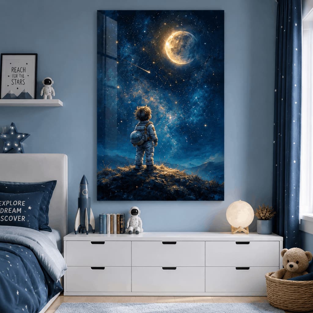 Quadro Decorativo Infantil Astronauta Espaço Lua Estrelas Quarto Menino