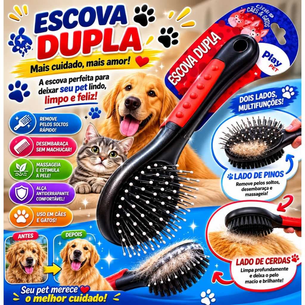 Escova Dupla Pet 2 em 1 | Pente e Rasqueadeira Para Cães e Gatos | Desembaraça e Da Brilho