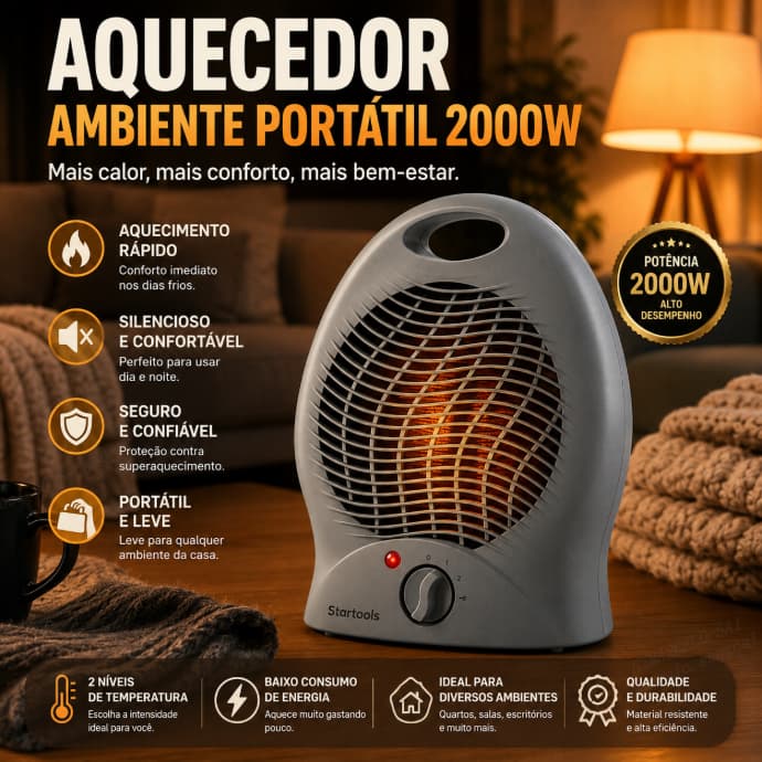 Aquecedor Portátil Elétrico 2000W para Ambientes Quarto Sala Silencioso Econômico Quarto 220V